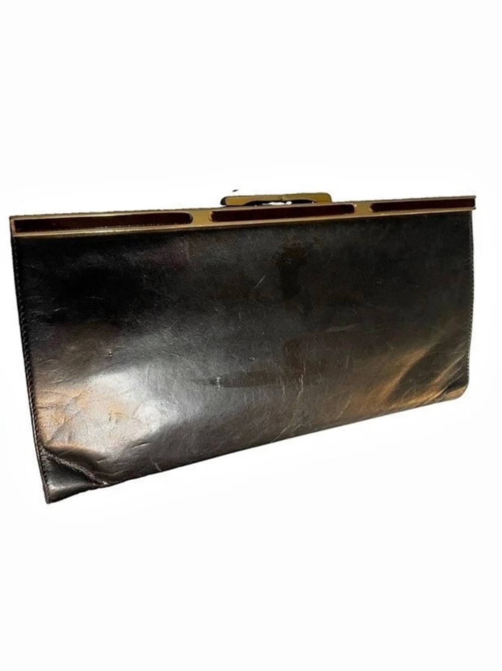 Vintage 70s Quadrante Italy Black Smooth Leather Clutch Shoulder Bag Gold Chain